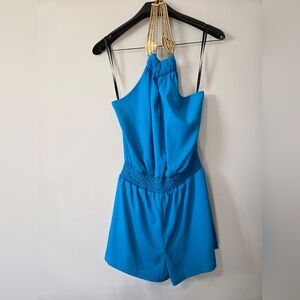 BEBE Teal Blue Halter Romper With Gold Hardware Necklace. Size Small